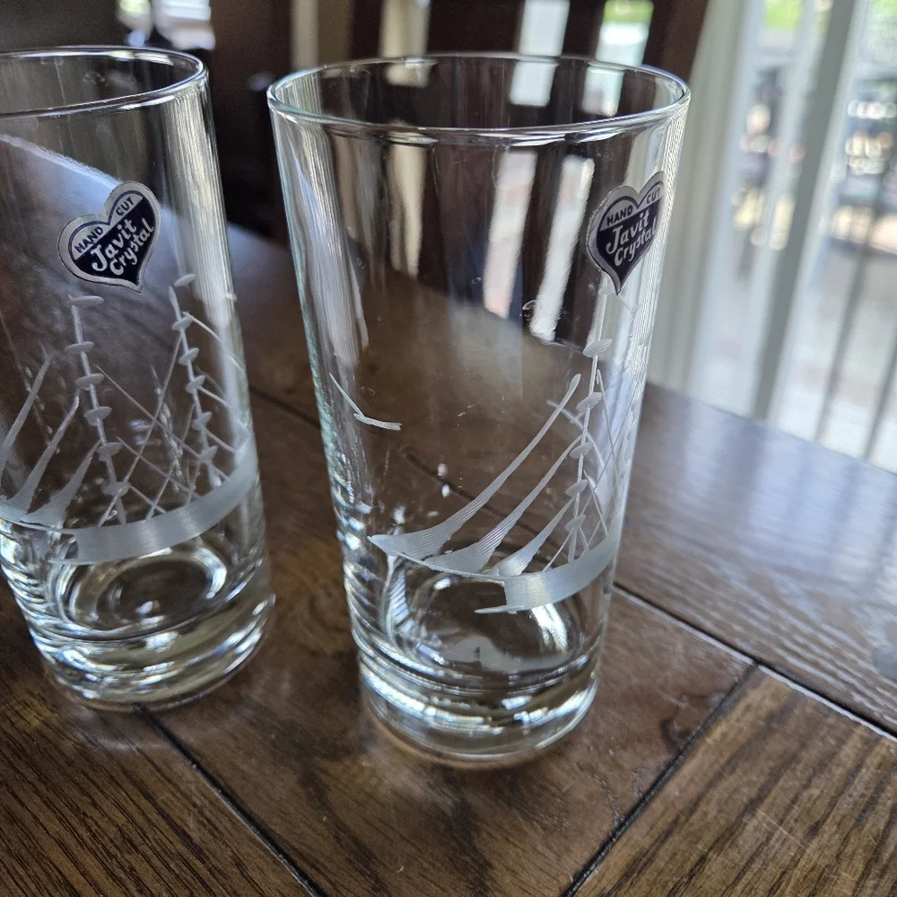 Mid Century Sailboat Highball Glasses Javit Handcut Crystal Original Sticker